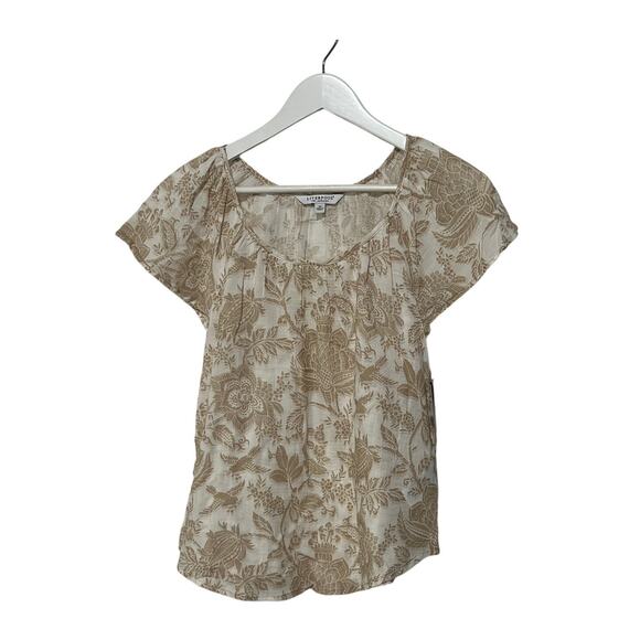 LIVERPOOL TOP WOMENS XSMALL FLUTTER SLEEVE WOVEN GAUZE BLOUSE TAN WHITE NEW - Picture 2 of 11